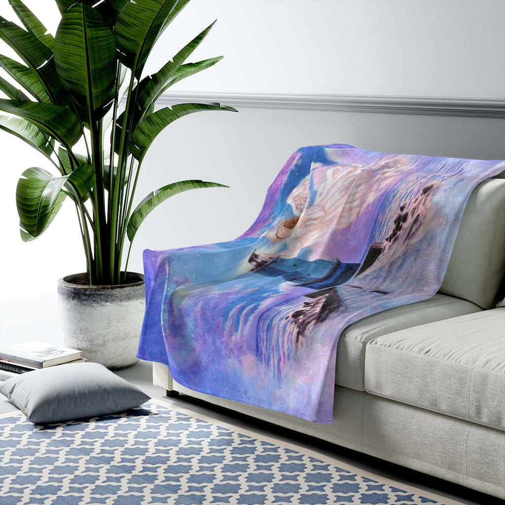 Beacon of Hope, Heavenly Lighthouse Landscape with Angel, Soft Velveteen Plush Blanket by David Carrigan.