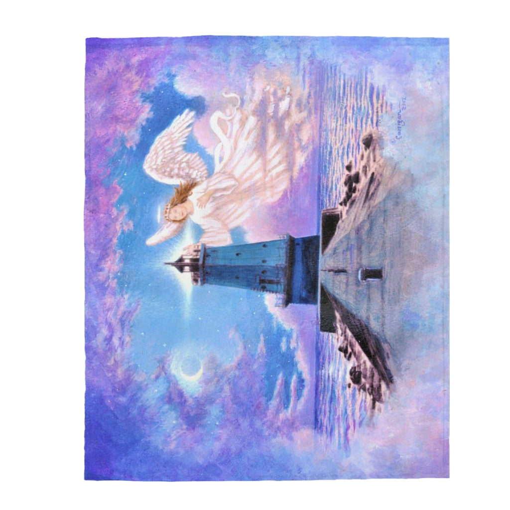 Beacon of Hope, Heavenly Lighthouse Landscape with Angel, Soft Velveteen Plush Blanket by David Carrigan.