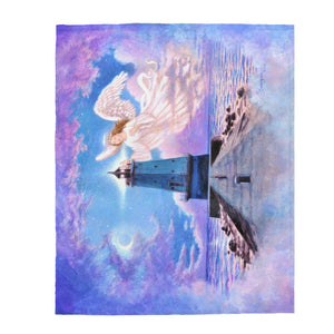 Beacon of Hope, Heavenly Lighthouse Landscape with Angel, Soft Velveteen Plush Blanket by David Carrigan.