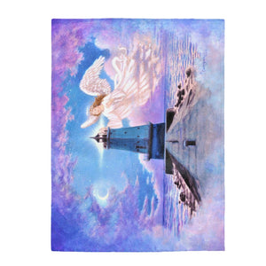 Beacon of Hope, Heavenly Lighthouse Landscape with Angel, Soft Velveteen Plush Blanket by David Carrigan.