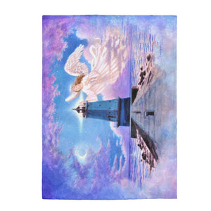 Beacon of Hope, Heavenly Lighthouse Landscape with Angel, Soft Velveteen Plush Blanket by David Carrigan.