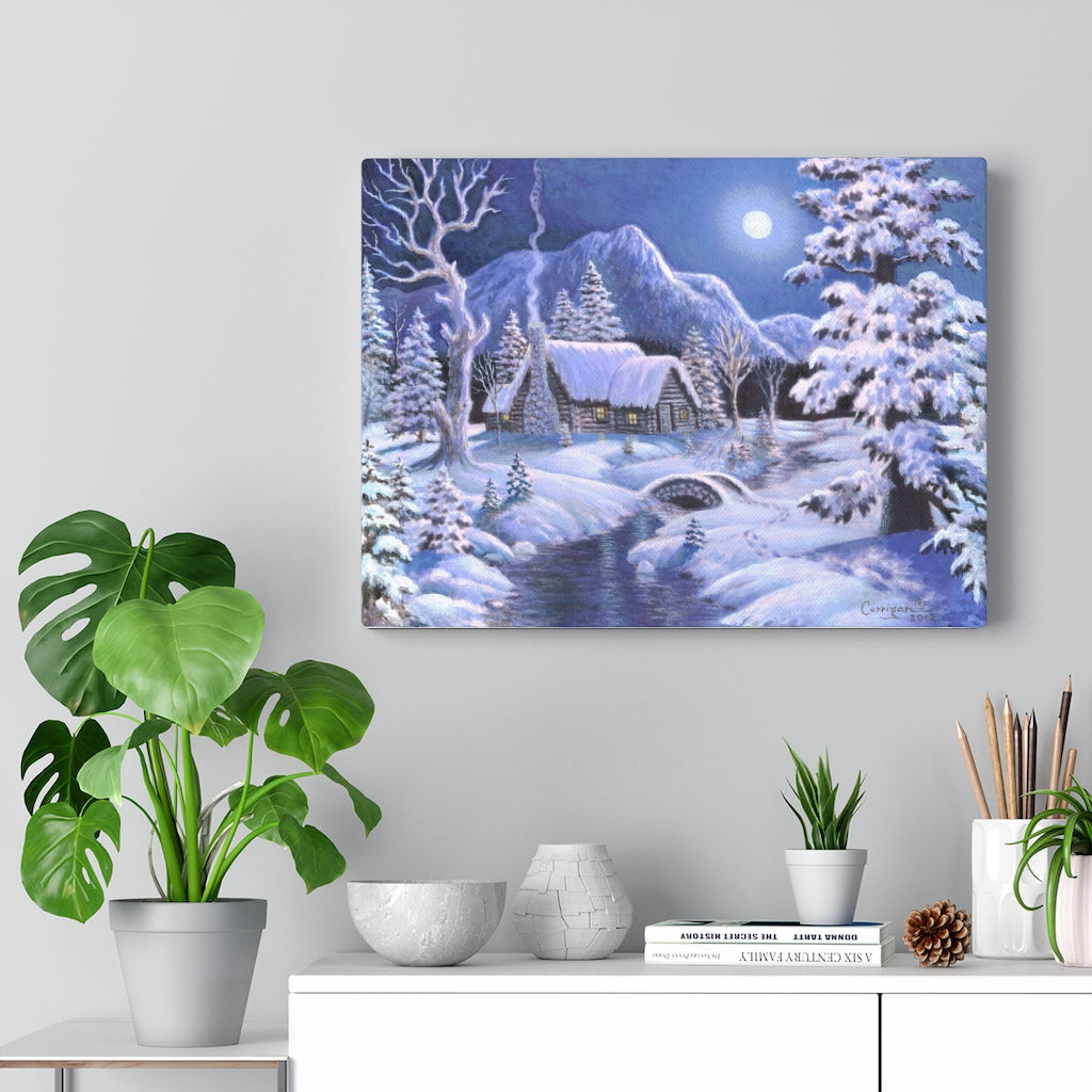 The Cozy Cabin Premium Winter Landscape Canvas by David Carrigan.