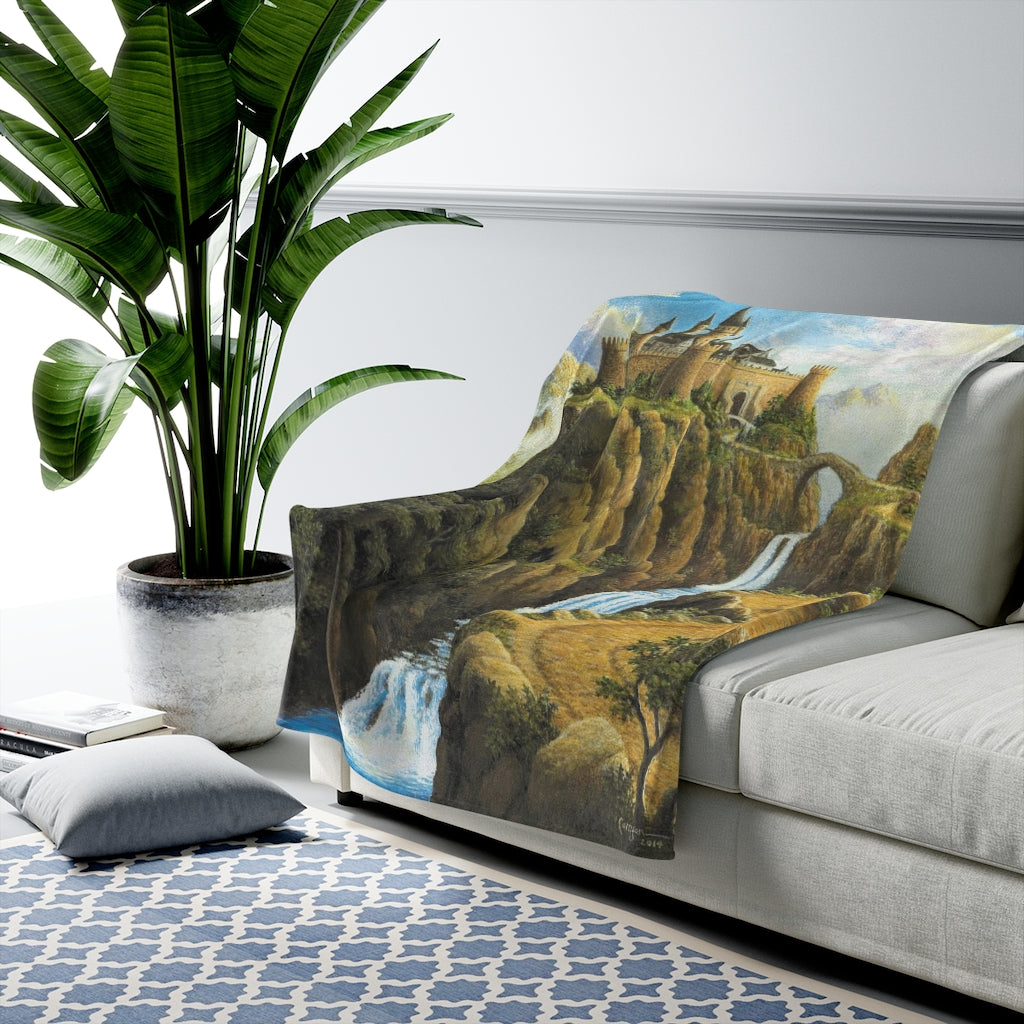 A Land Far Away, Fairy Tale Castle with Mountain Landscape, Soft Velveteen Plush Blanket by David Carrigan.