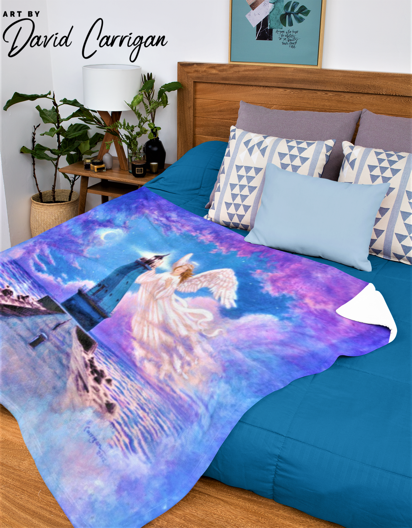 Beacon of Hope, Heavenly Lighthouse Landscape with Angel, Soft Velveteen Plush Blanket by David Carrigan.