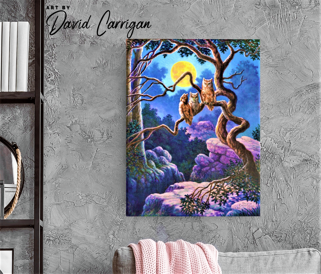 Who Gives a Hoot? Eerie Landscape With Owls Canvas Wall Art by David Carrigan.