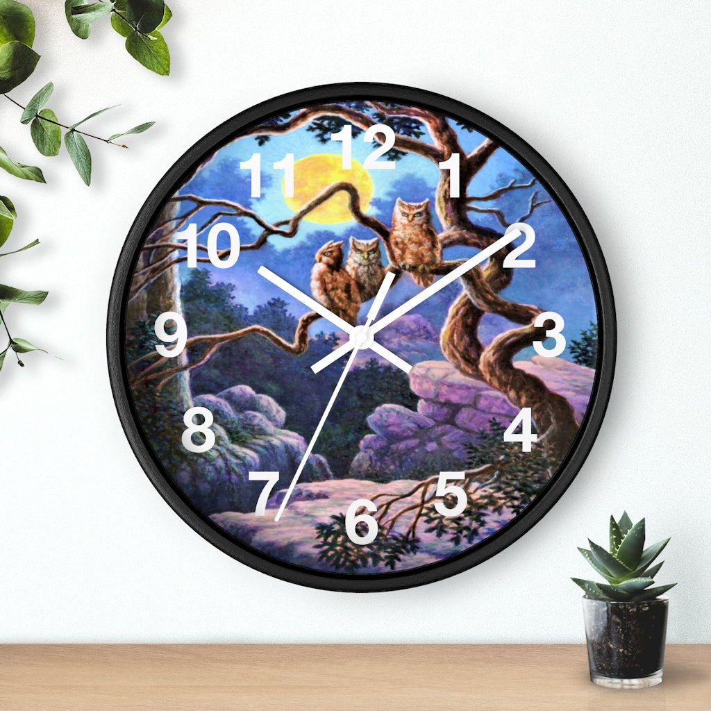 Who Gives a Hoot, Eerie Woods and Owls Wall clock by David Carrigan.