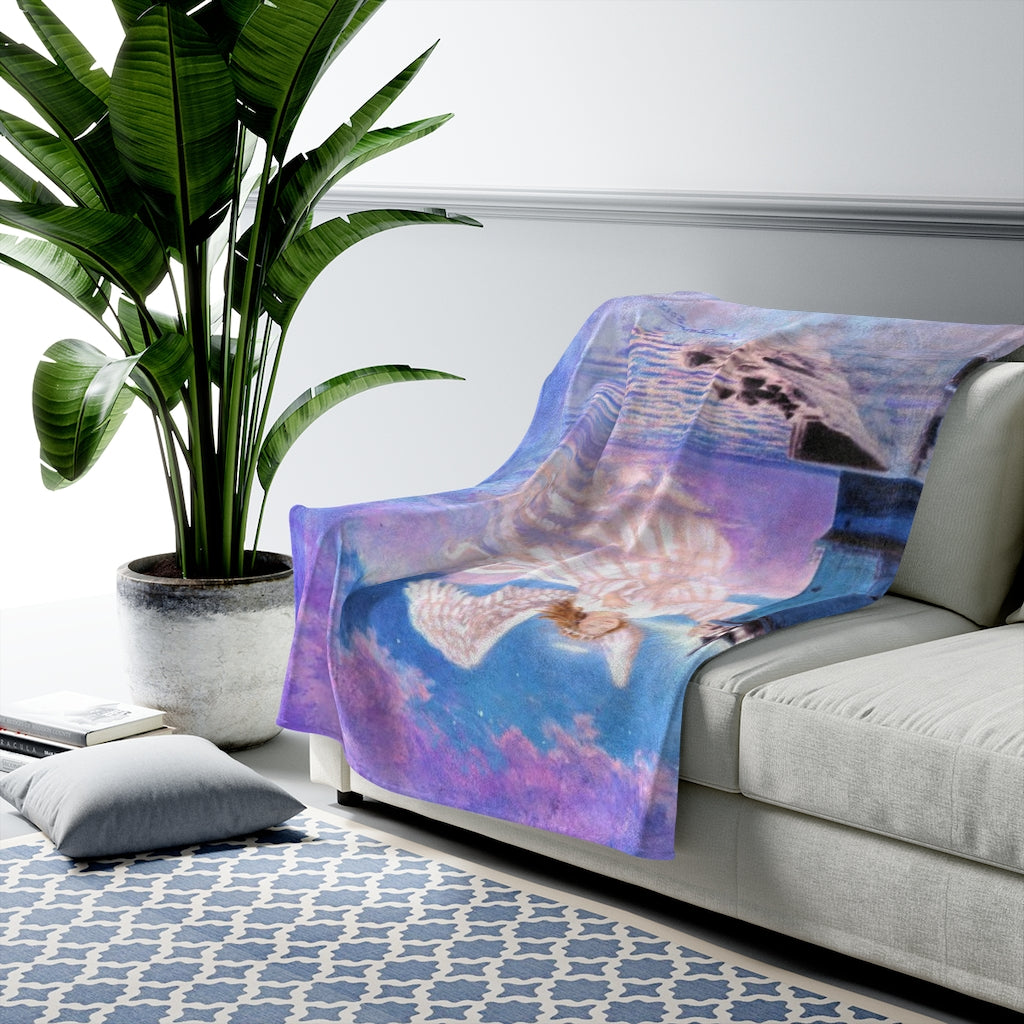 Beacon of Hope, Heavenly Lighthouse Landscape with Angel, Soft Velveteen Plush Blanket by David Carrigan.